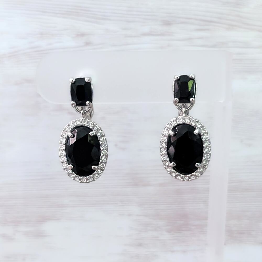 Vintage Monet Clip On Earrings Stunning Silver Tone, Black & Clear Gems